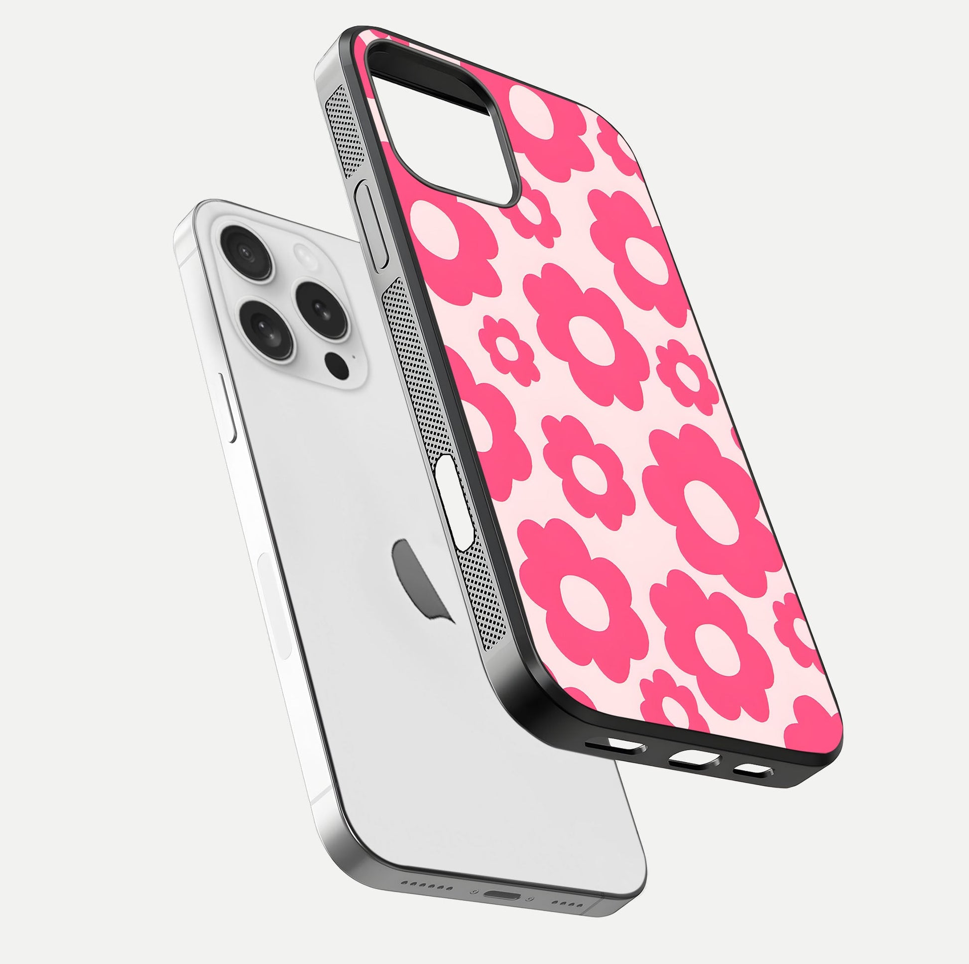 Blush Flower Pop iPhone 16 Pro glass phone case floating view emphasizing premium build and vibrant flower artwork