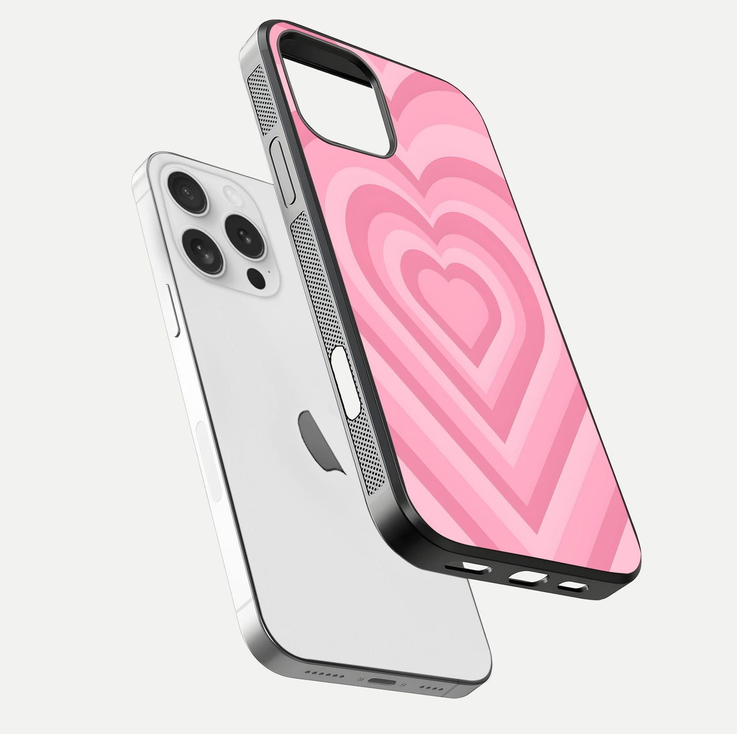 Blush Heart Waves iPhone 16 Pro glass phone case floating view emphasizing glossy finish and layered heart design