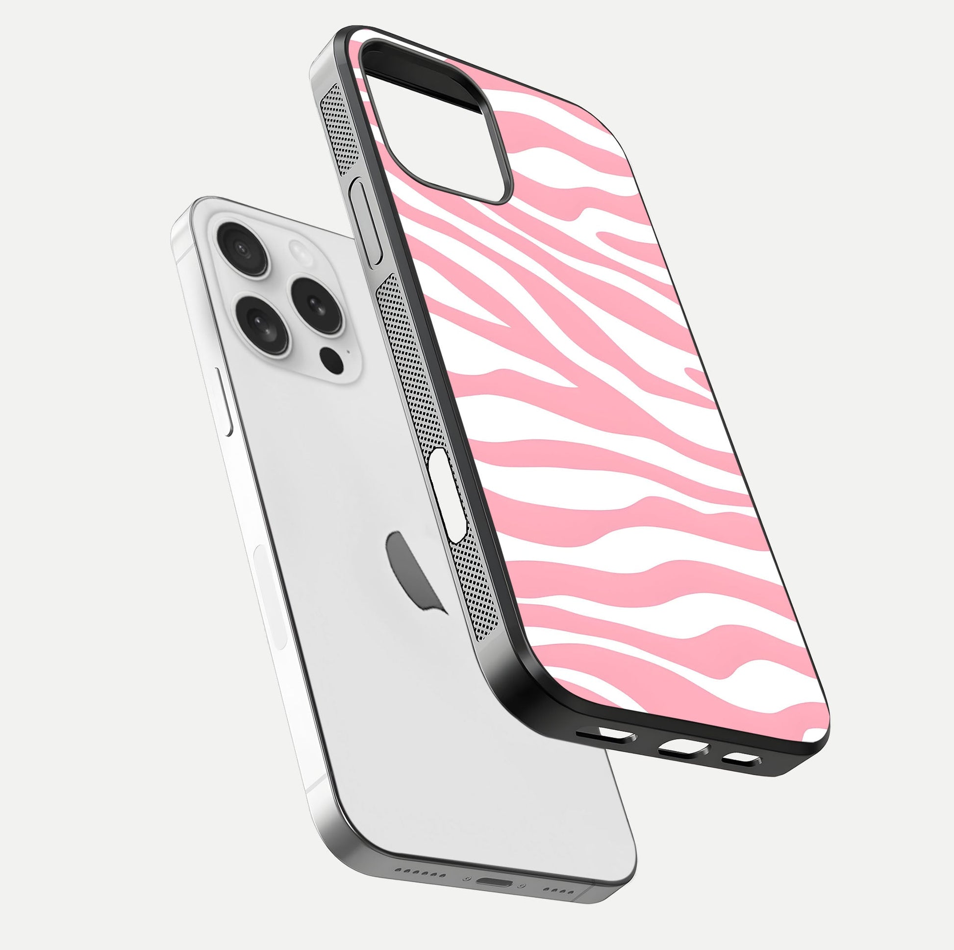 Blush Zebra Flow iPhone 16 Pro glass phone case floating view emphasizing premium glossy surface and dynamic design