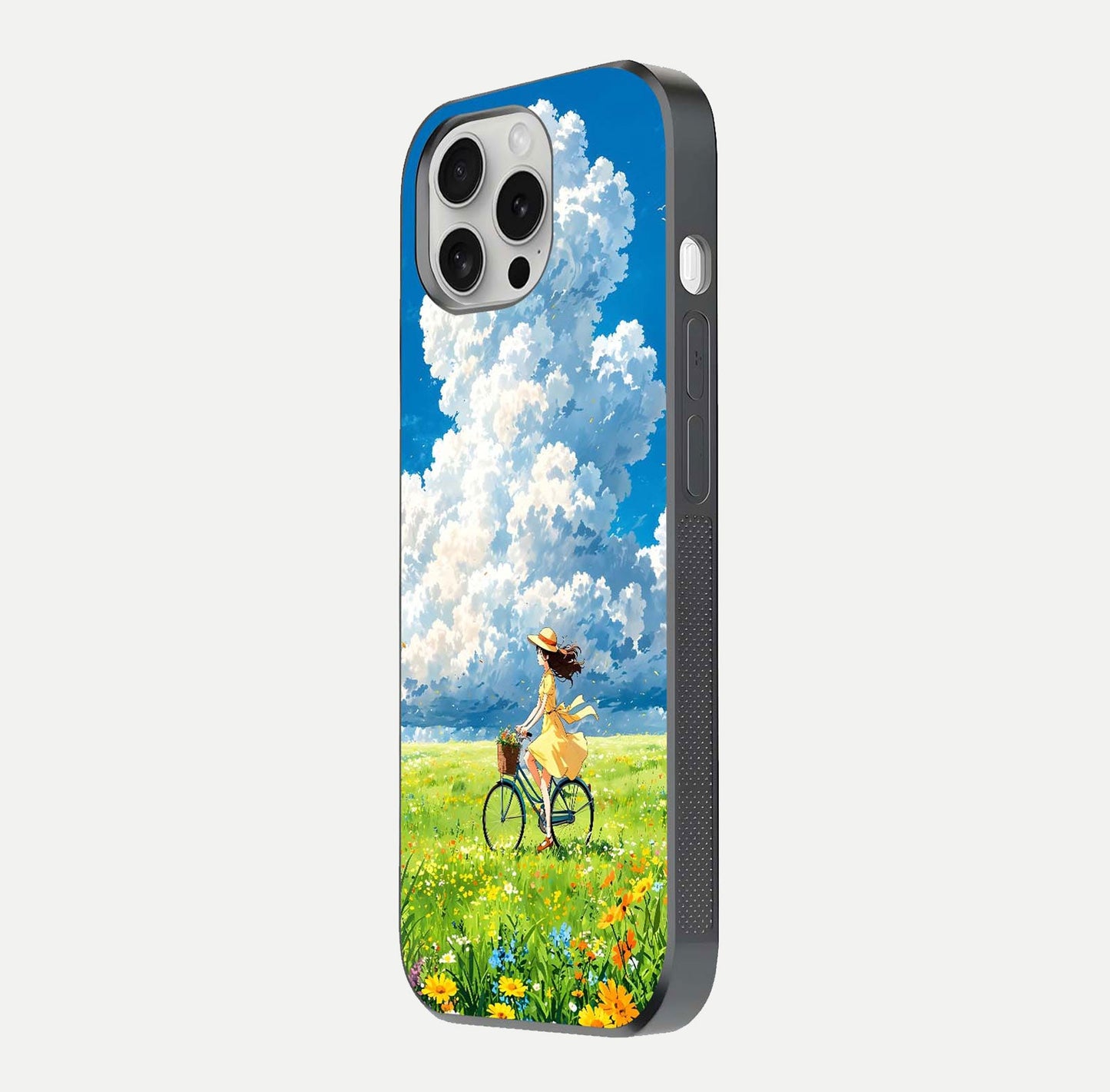 Breezy Meadow Ride Glass Case for iPhone 16 Pro side-angle image showing floral details and edge glow
