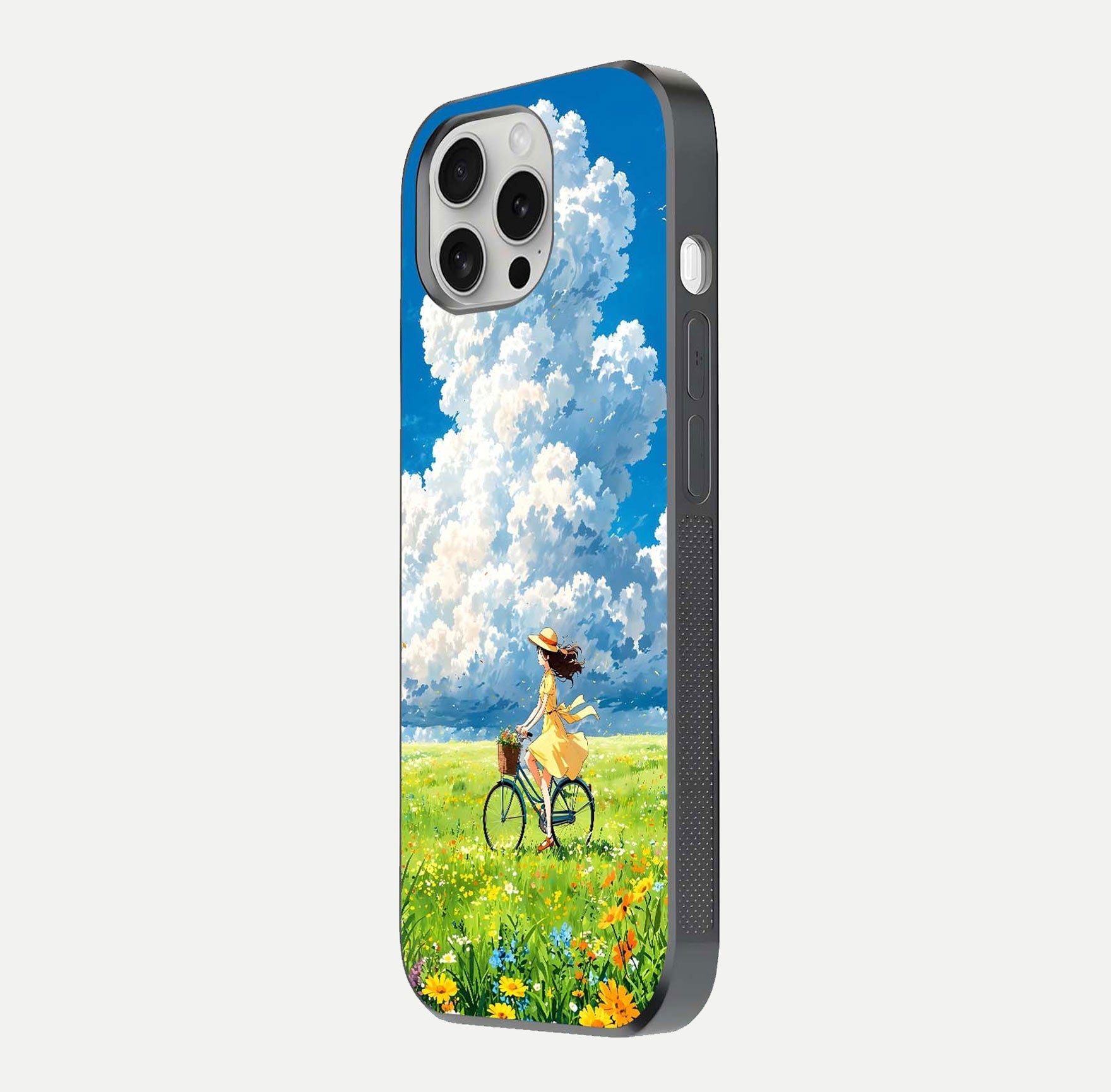 Breezy Meadow Ride Glass Case for iPhone 16 Pro side-angle image showing floral details and edge glow