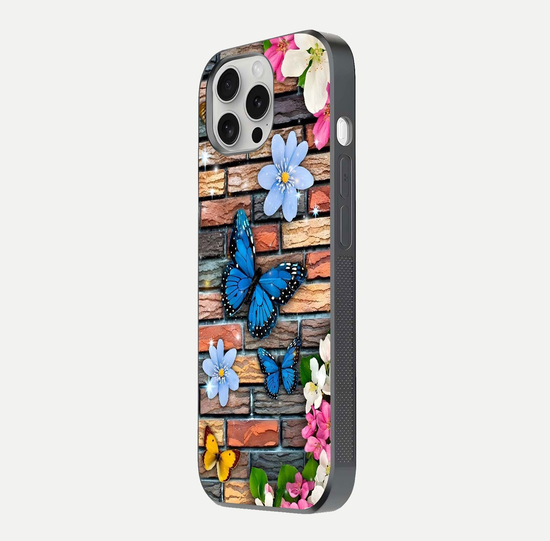 Brick Bloom Flight Glass Case for iPhone 16 Pro side-angle photo showing curve shine and detailed petal contrast