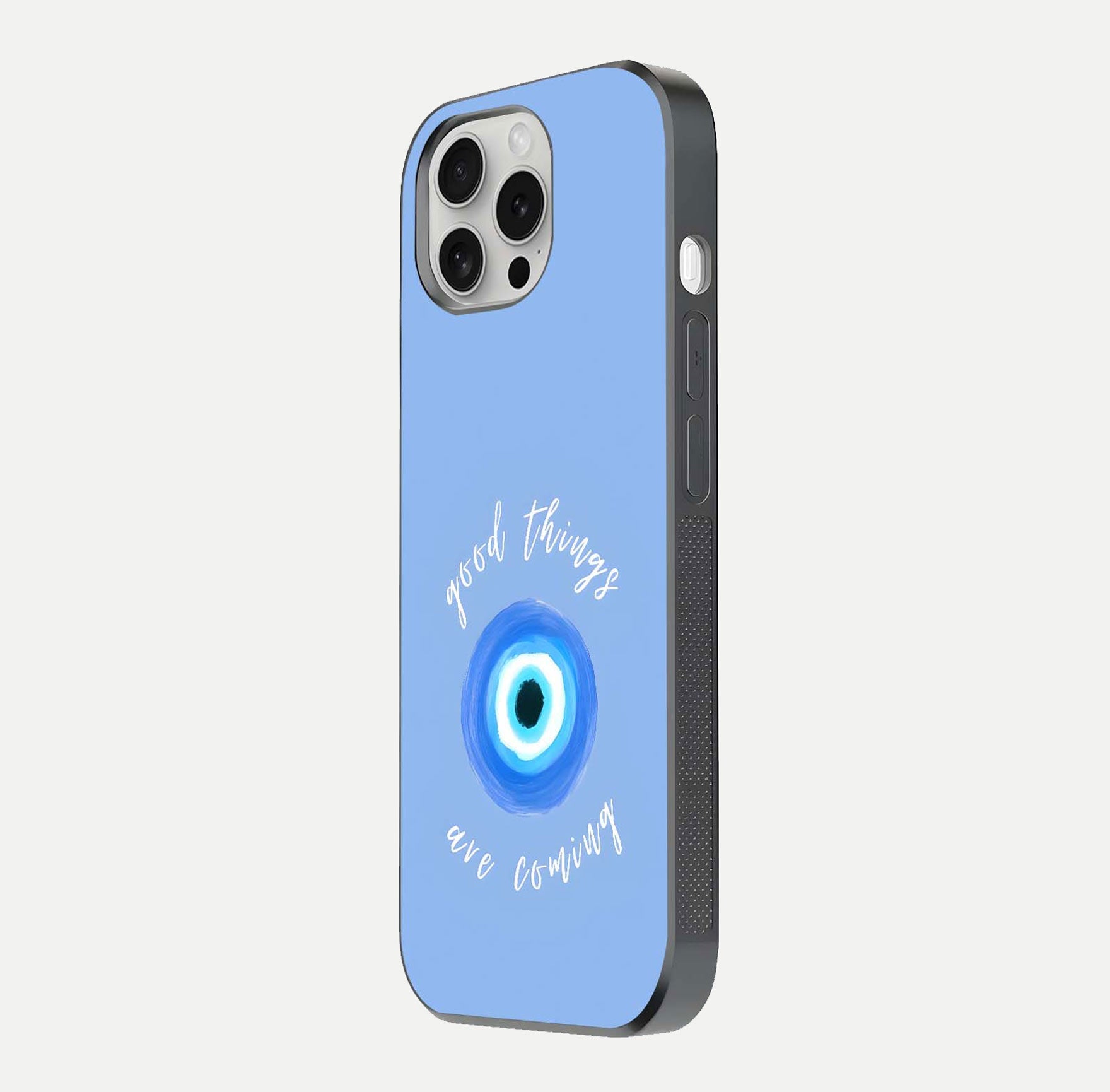 Bright Future Ahead Glass Case for iPhone 16 Pro side-angle image displaying edge smoothness and reflective surface