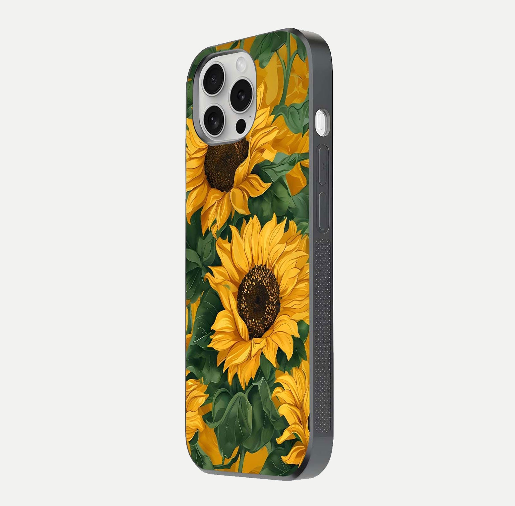 Bright Sunflower Bloom Glass Case for iPhone 16 Pro side-angle image showing shine texture and detailed bloom