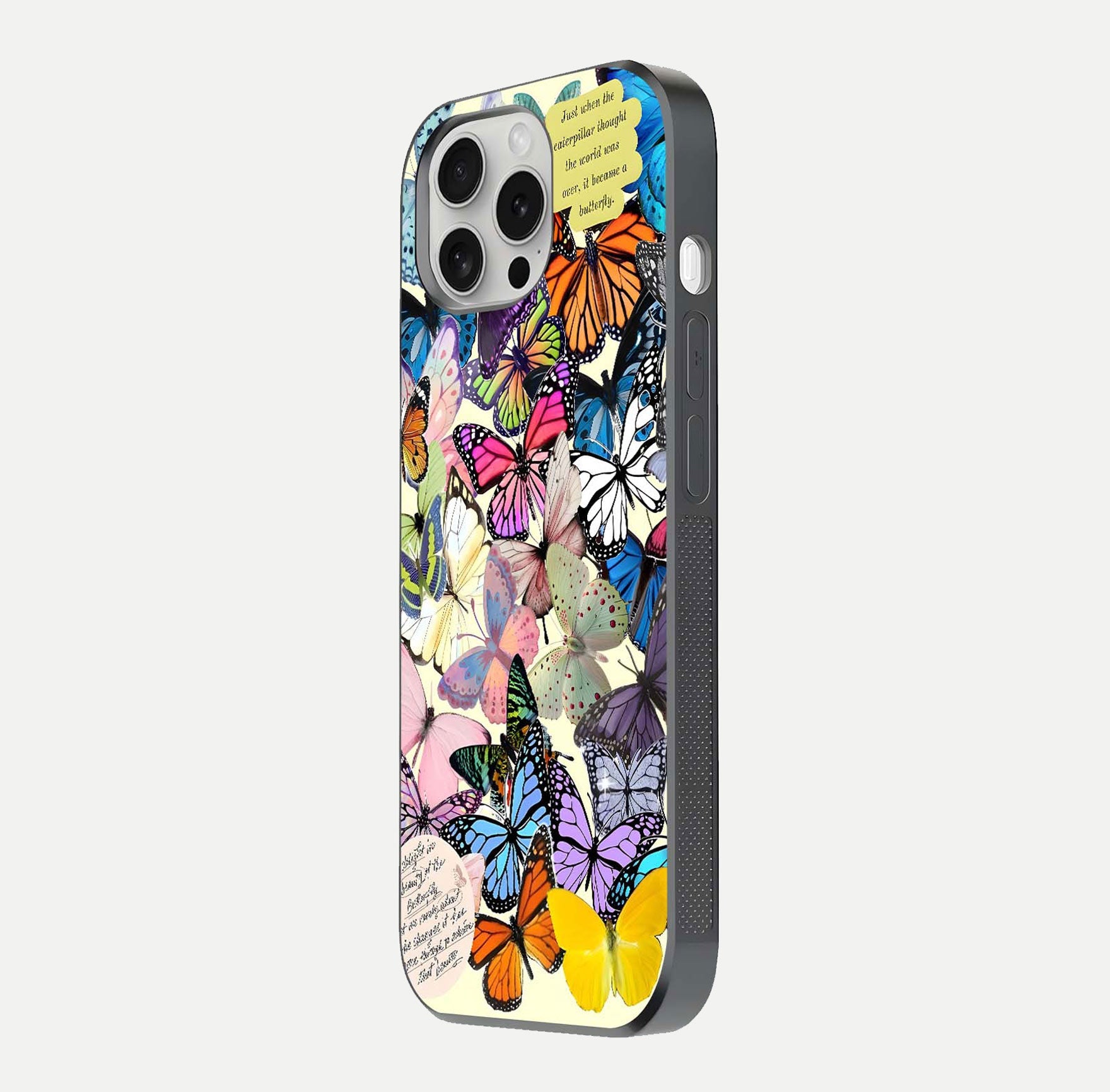 Butterflies Petal Dream Glass Case for iPhone 16 Pro side-angle shot showing butterfly motion and curved edges