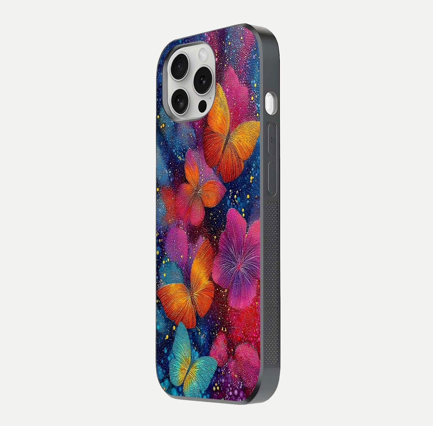 Butterfly Dream Mist Glass Case for iPhone 16 Pro side-angle image showing soft gradient and reflective glow