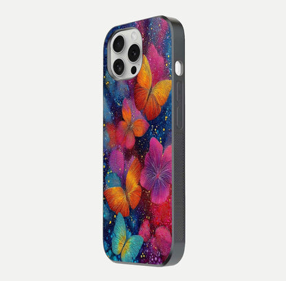 Butterfly Dream Mist Glass Case for iPhone 16 Pro side-angle image showing soft gradient and reflective glow