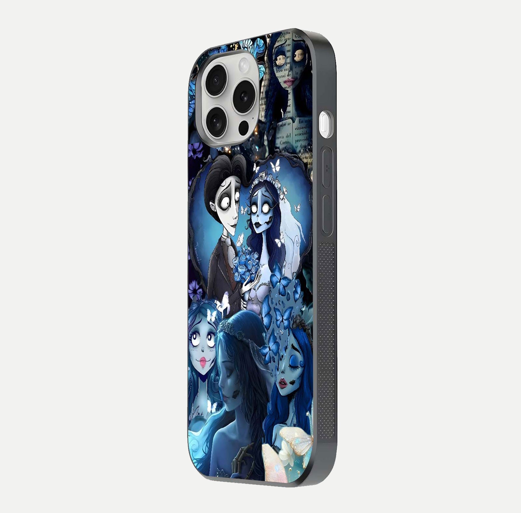 Butterfly Ghost Soul Glass Case for iPhone 16 Pro side-angle image capturing edge light and deep design tones