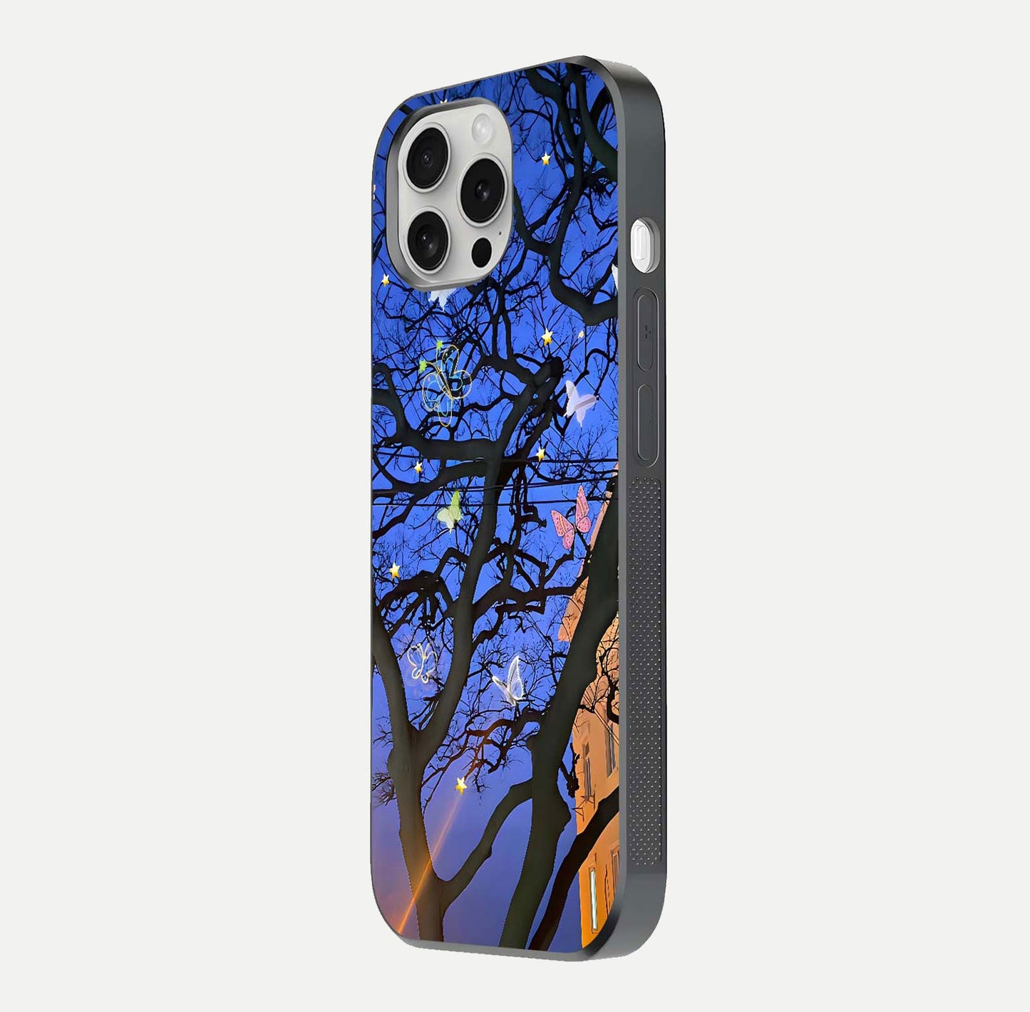 Butterfly Night Magic Glass Case for iPhone 16 Pro side-angle view capturing butterfly contrast and glossy depth