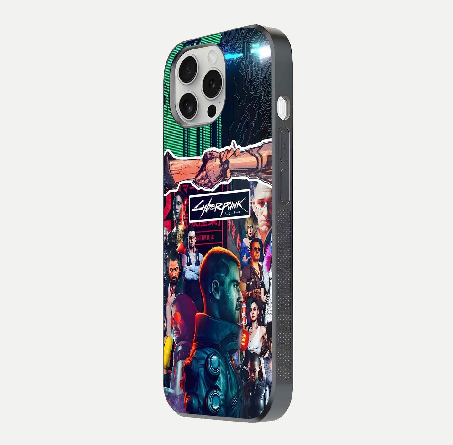 CYBERPUNK Legacy Glass Case for iPhone 16 Pro side-angle photo showing edge glow and reflective surface