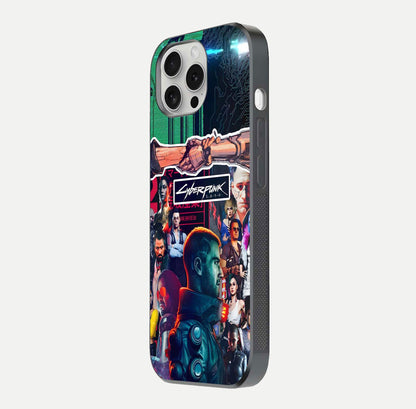 CYBERPUNK Legacy Glass Case for iPhone 16 Pro side-angle photo showing edge glow and reflective surface