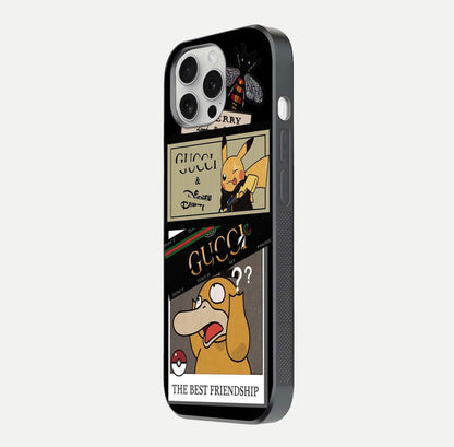 Cartoon Brand Play Mashup Glass Case for iPhone 16 Pro side-angle image showing reflection brightness and fun graphic mix