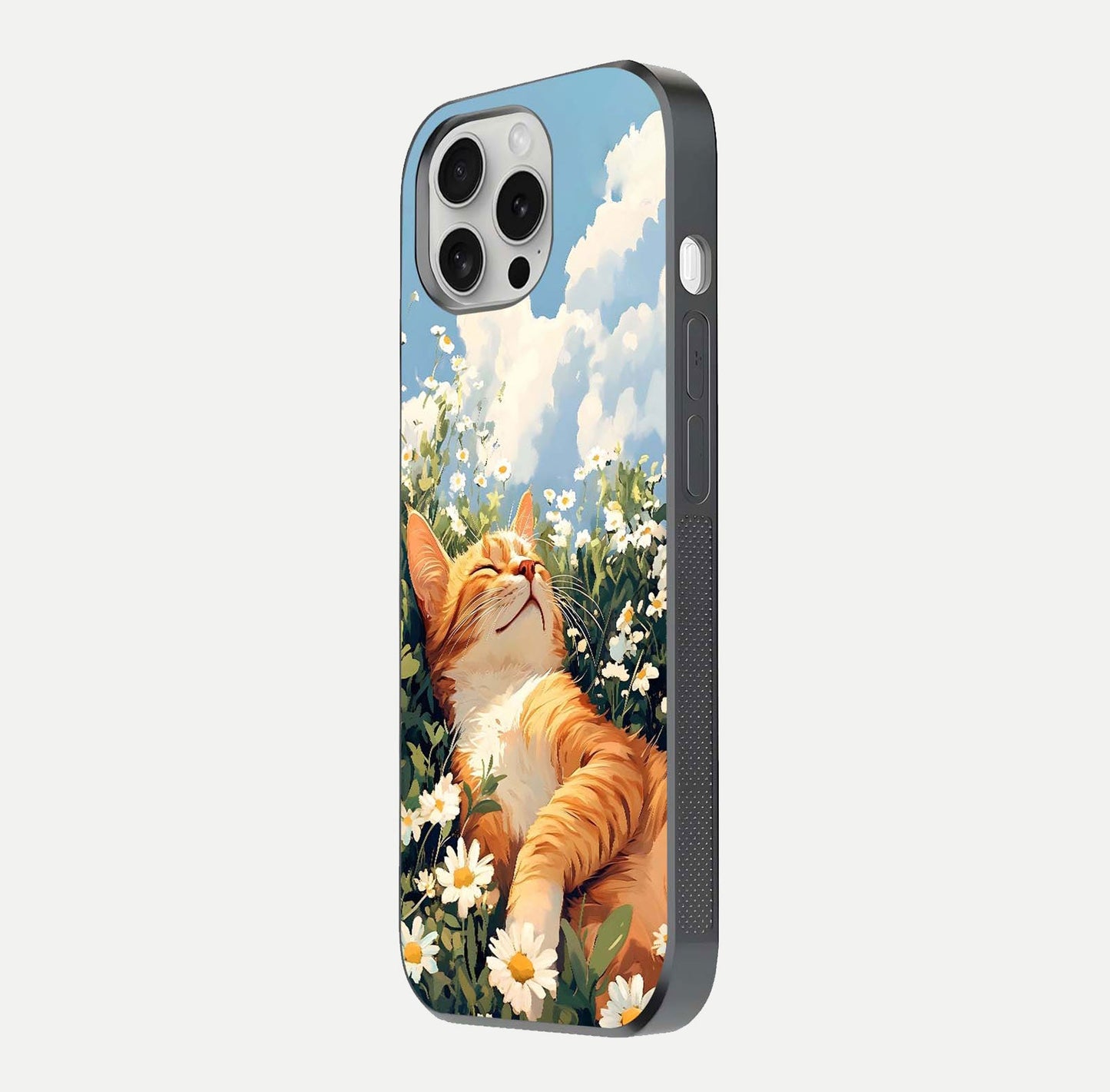 Cat & Flowers View Glass Case for iPhone 16 Pro side-angle image capturing cat print clarity and gloss tone
