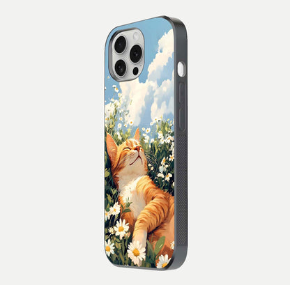 Cat & Flowers View Glass Case for iPhone 16 Pro side-angle image capturing cat print clarity and gloss tone