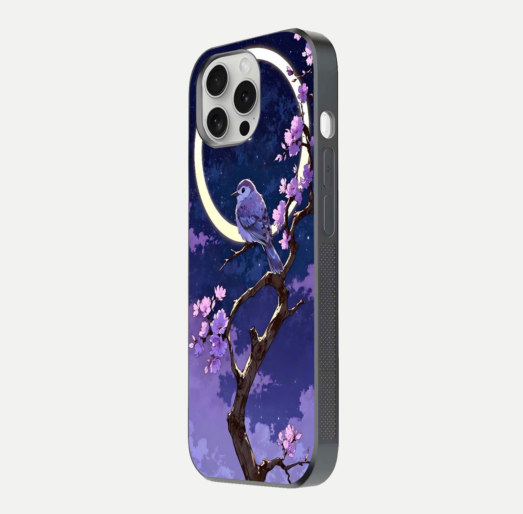 Celestial Bird Blossom Glass Case for iPhone 16 Pro side-angle image showing detailed wings and glossy polish