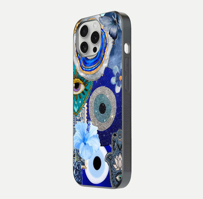 Celestial Blue Vision Glass Case for iPhone 16 Pro side-angle image capturing starlight shimmer and glass reflection