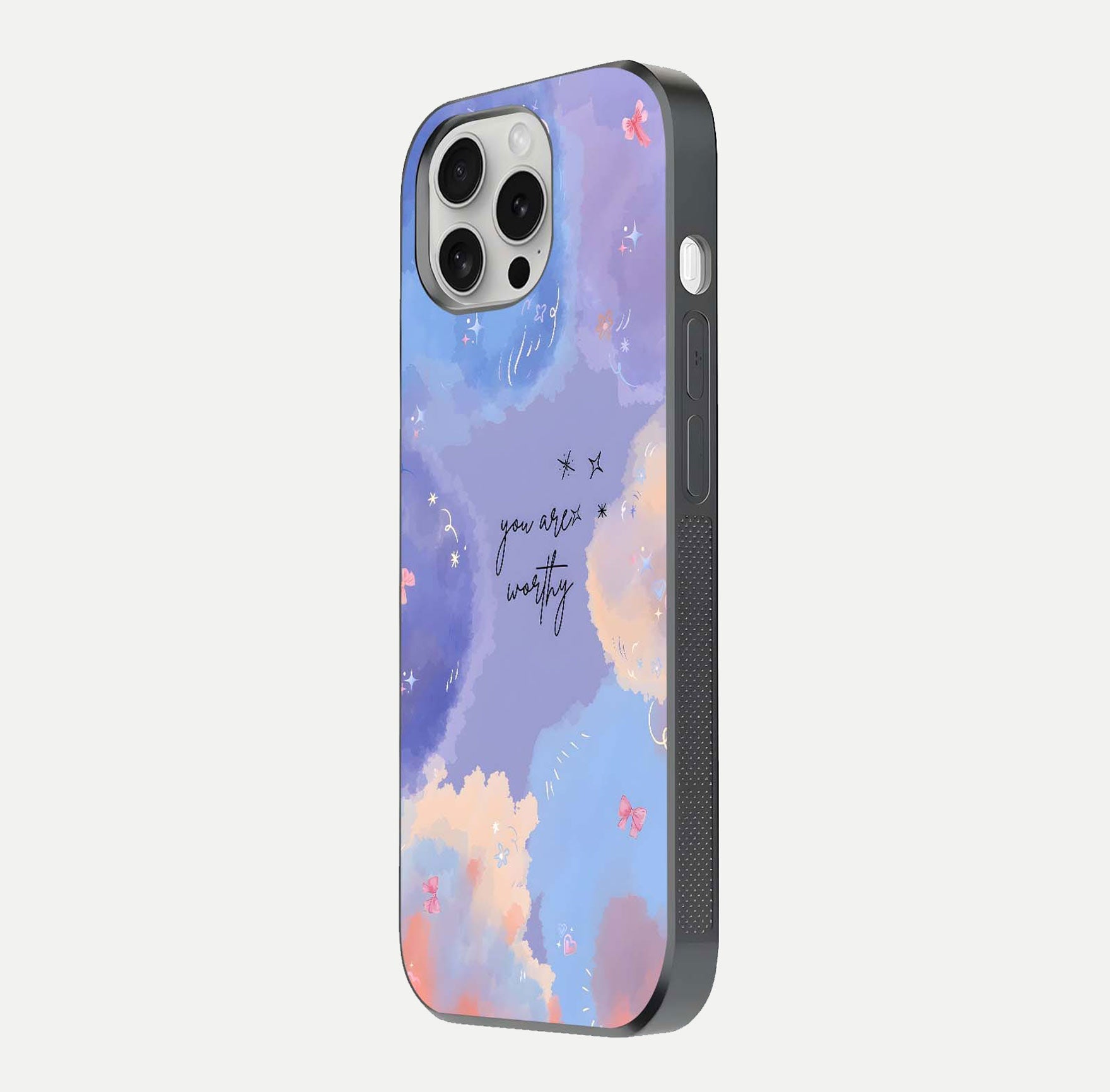 Celestial Cloud Magic Glass Case for iPhone 16 Pro side-angle photo showing edge reflection and dreamy texture