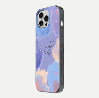 Celestial Cloud Magic Glass Case for iPhone 16 Pro side-angle photo showing edge reflection and dreamy texture