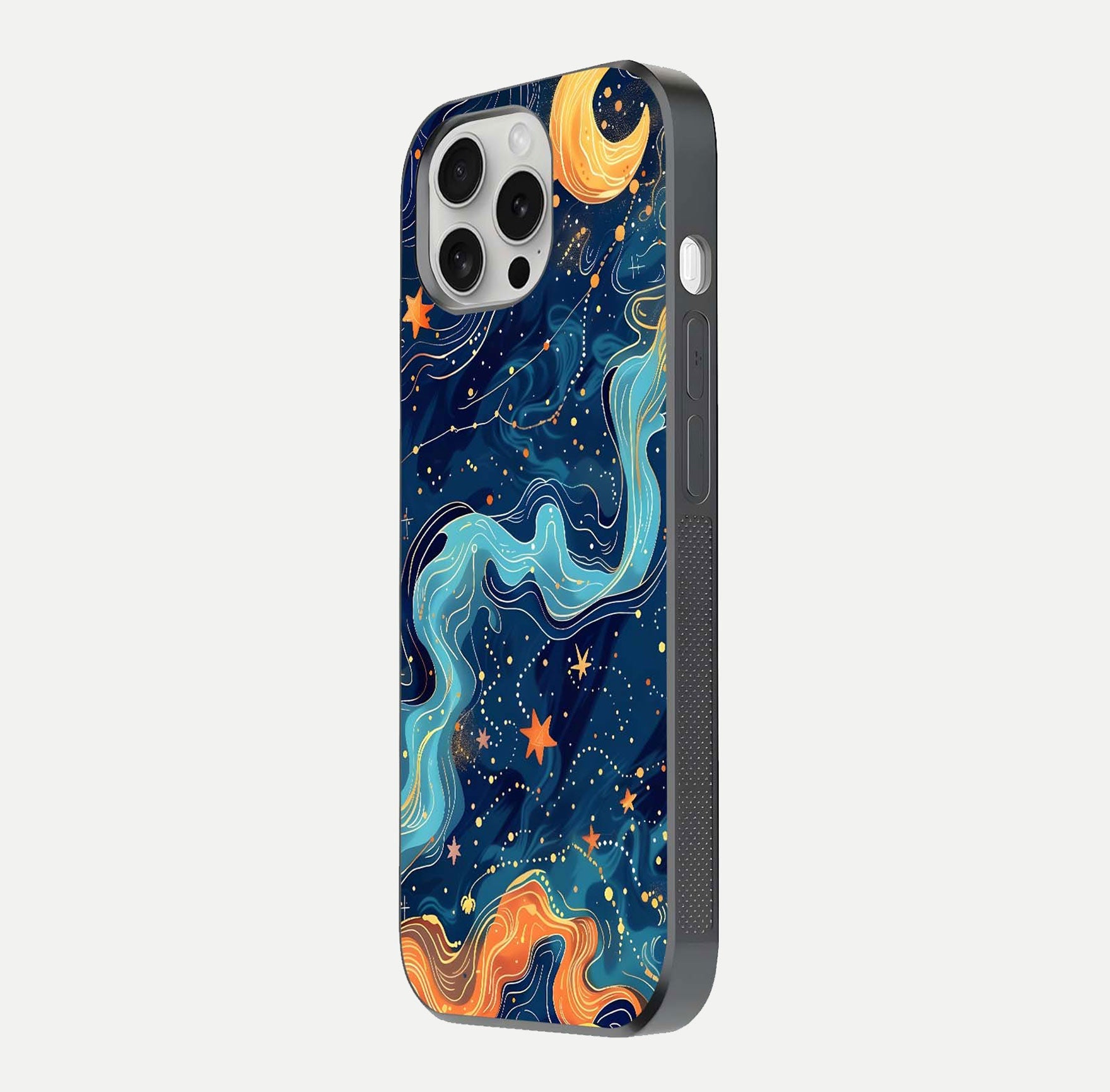 Celestial Dream Flow Glass Case for iPhone 16 Pro side-angle image capturing color swirl and glass reflection