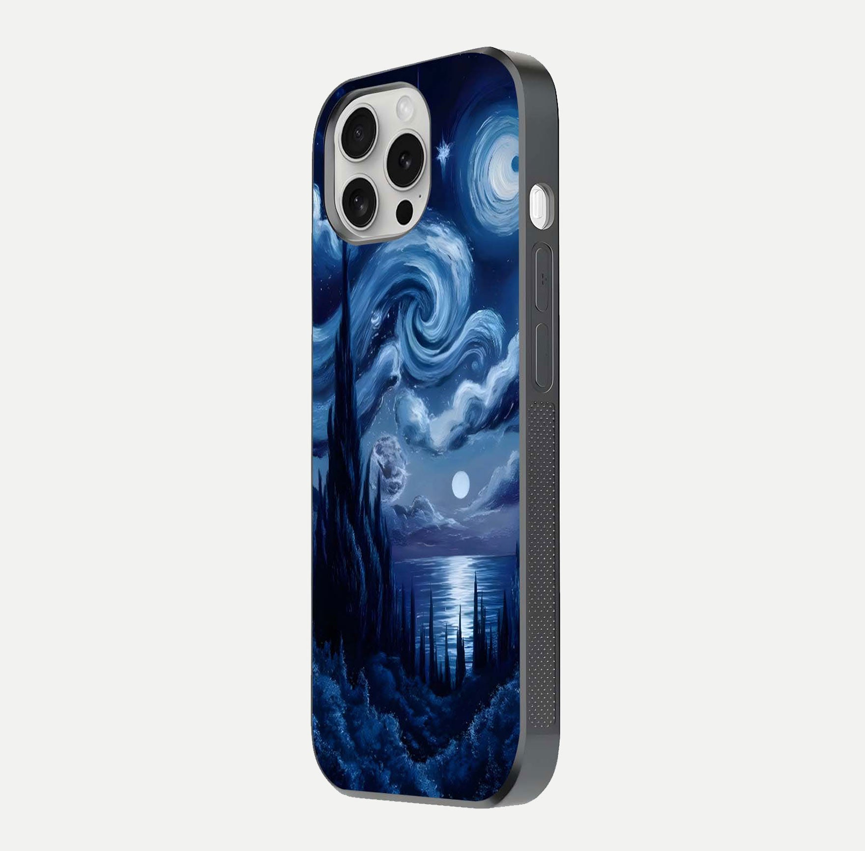 Celestial Dream Van Gogh Glass Case for iPhone 16 Pro side-angle photo showing depth swirl design and curved reflection