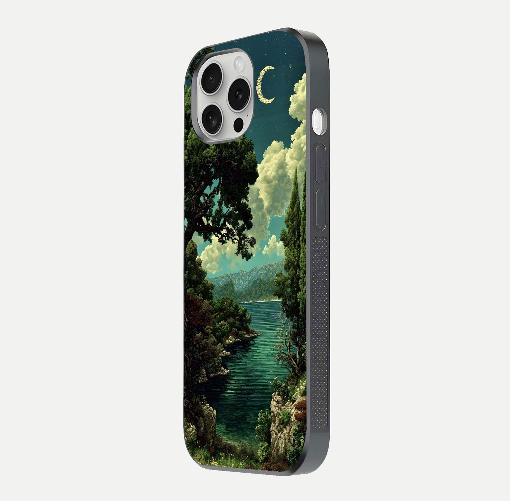Celestial Lake Peace Glass Case for iPhone 16 Pro side-angle image displaying reflective glow and gentle edges