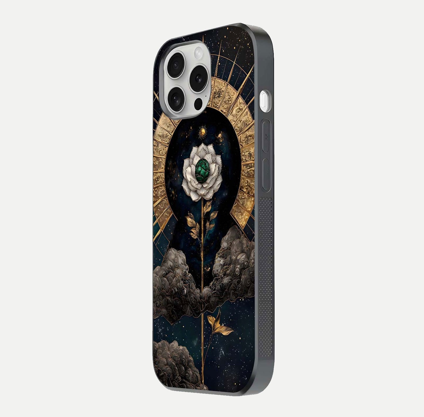 Celestial Lotus Morang Glass Case for iPhone 16 Pro side-angle image capturing shine and smooth curvature