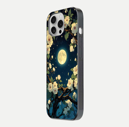Celestial Moon & Flower Glass Case for iPhone 16 Pro side-angle image showing edge smoothness and glow reflection