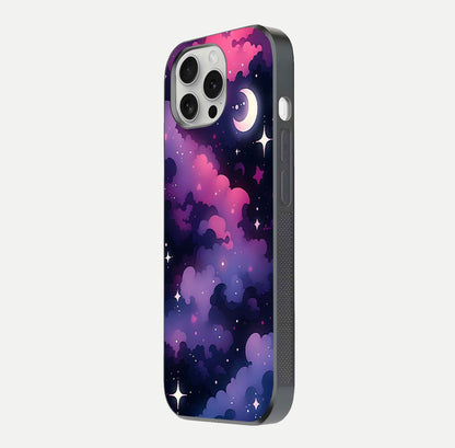 Celestial Moon Magic Glass Case for iPhone 16 Pro side-angle shot capturing soft reflection and curved gloss