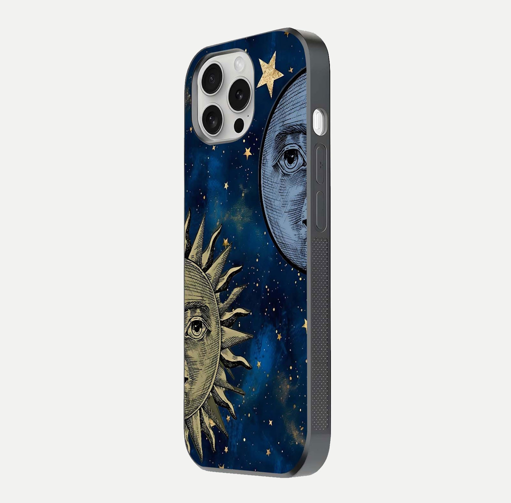 Celestial Moon With Sun Glass Case for iPhone 16 Pro side-angle image showing reflection tones and cosmic edge