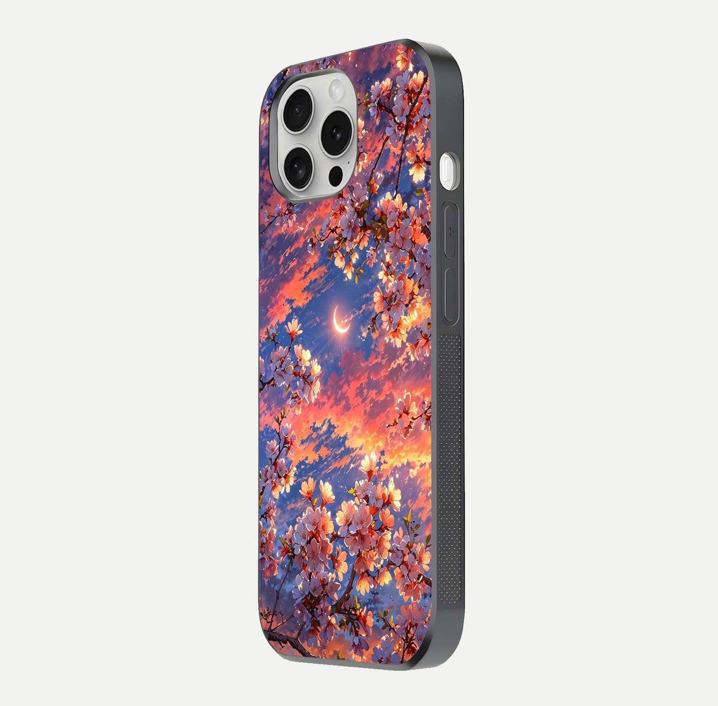 Celestial Sakura Sunset Glass Case for iPhone 16 Pro side-angle image showing edge glow and petal texture