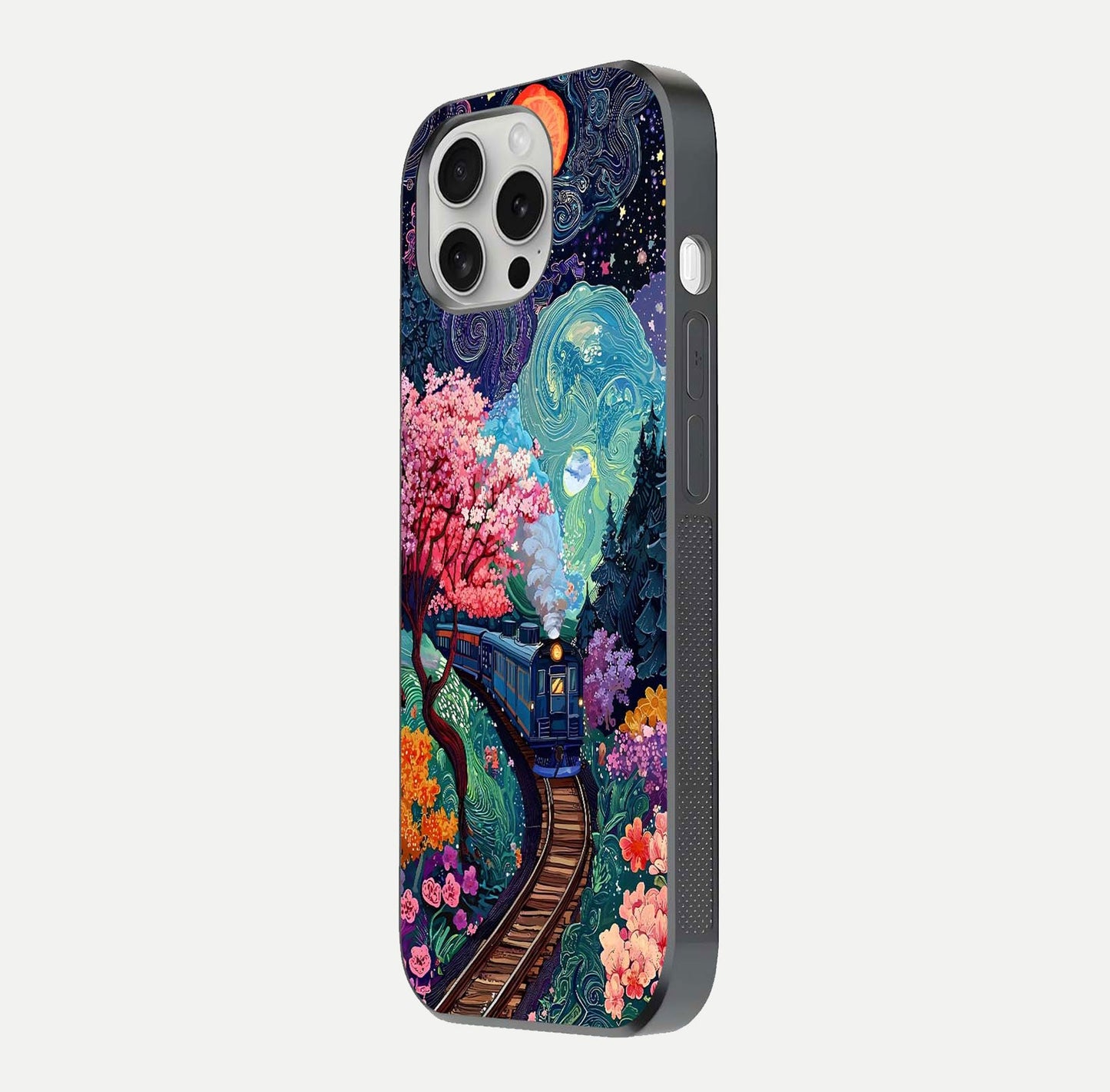 Celestial Train Journey Glass Case for iPhone 16 Pro side-angle image showing polished curve and HD print detail