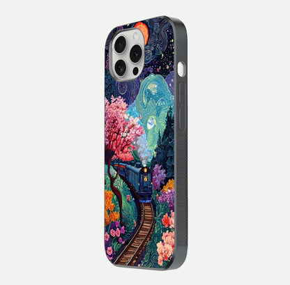 Celestial Train Journey Glass Case for iPhone 16 Pro side-angle image showing polished curve and HD print detail
