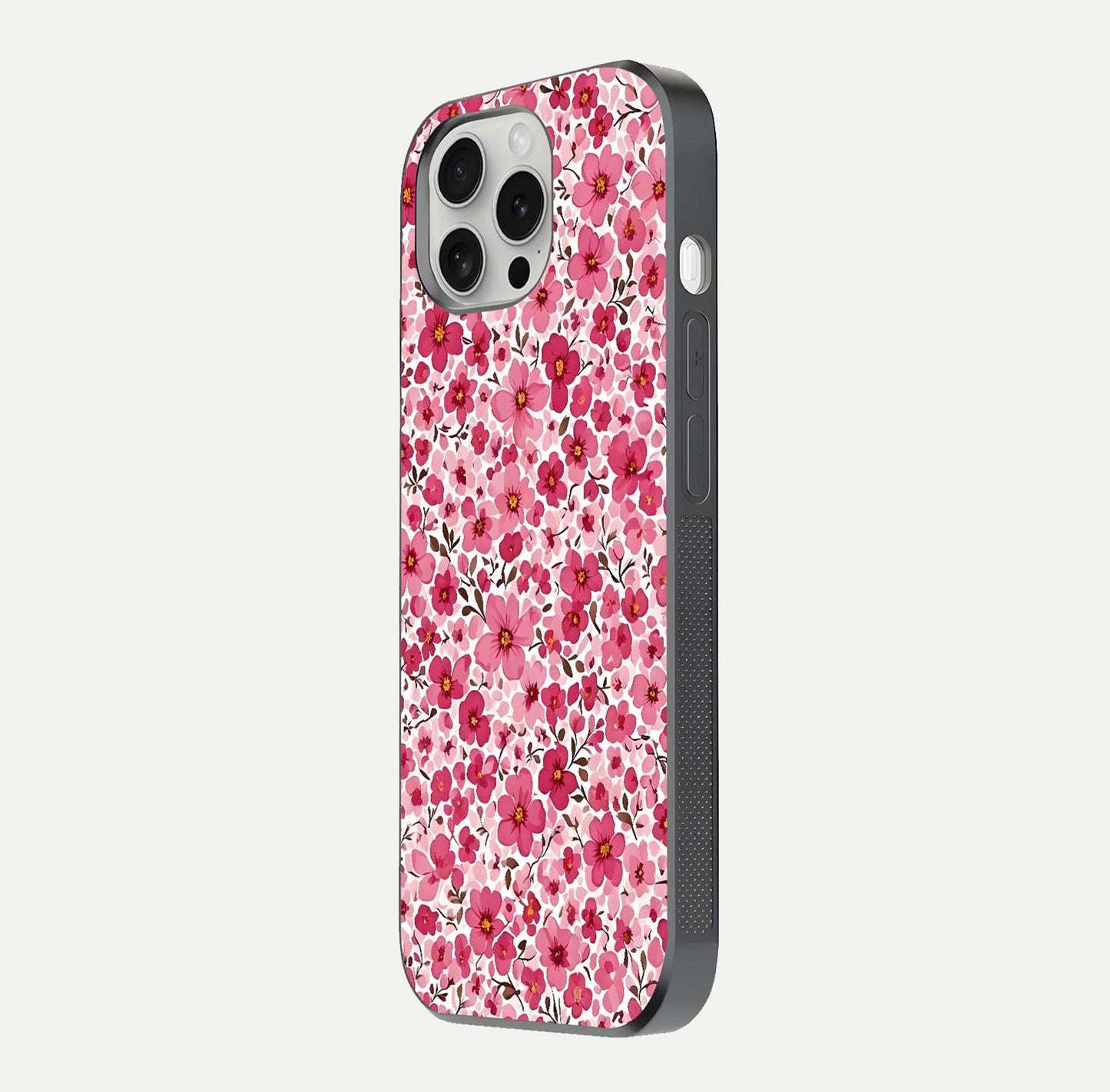 Cherry Blossom Charm Glass Case for iPhone 16 Pro side-angle image showing reflection gloss and soft texture
