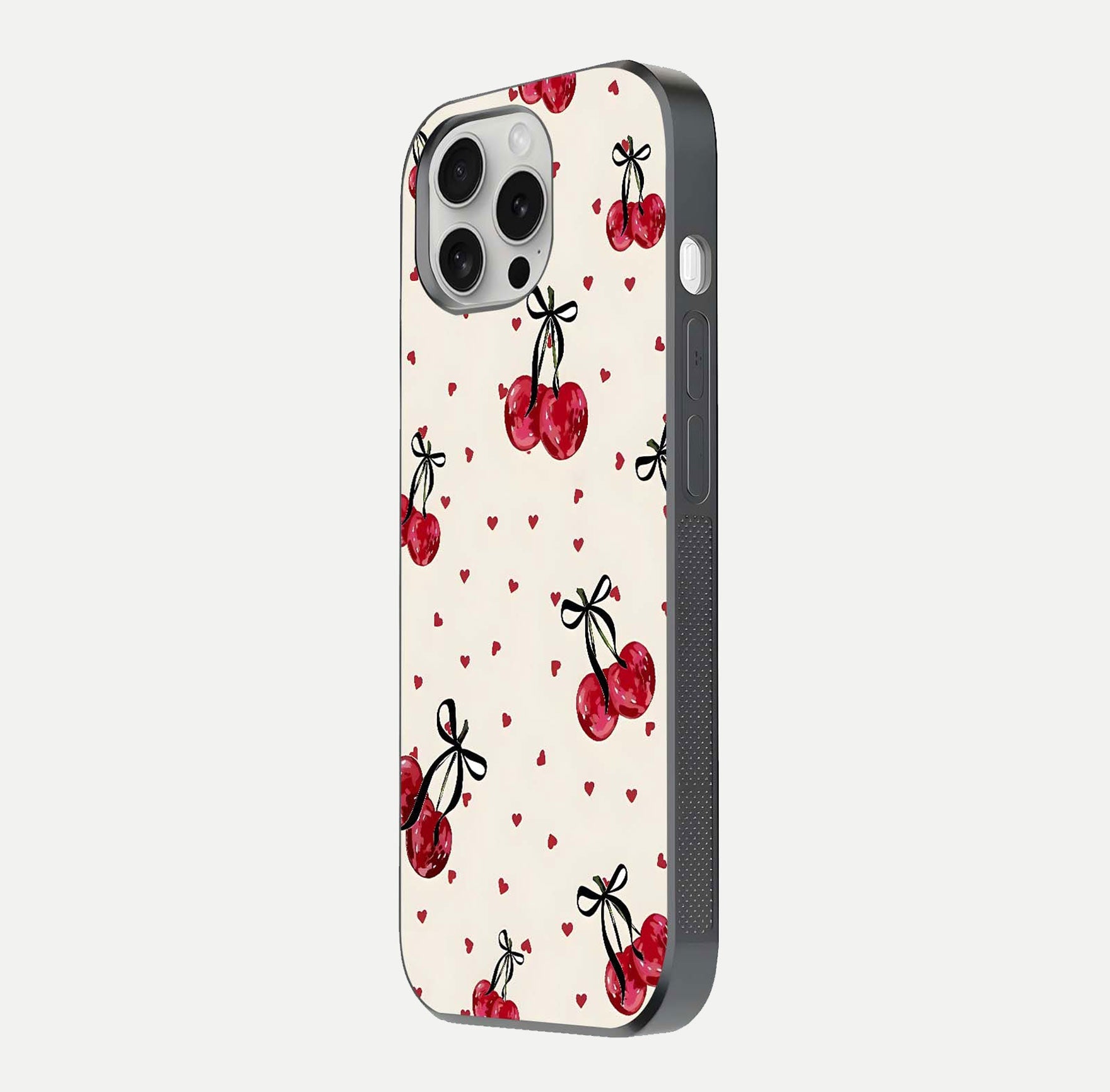 Cherry Heart Bow Glass Case for iPhone 16 Pro side-angle image capturing gloss texture and charm bow art
