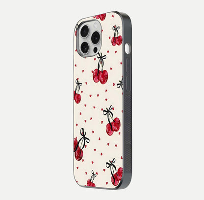 Cherry Heart Bow Glass Case for iPhone 16 Pro side-angle image capturing gloss texture and charm bow art