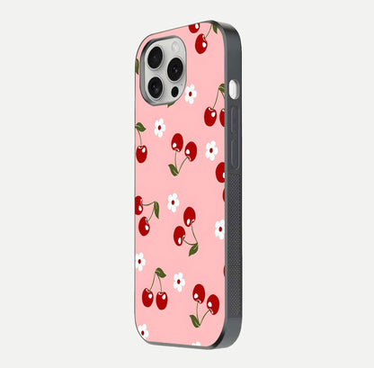 Cherry Love Mood Glass Case for iPhone 16 Pro side-angle image capturing smooth gloss and delicate details