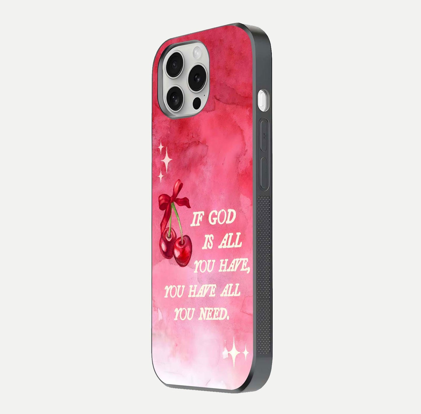 Cherry Quote Glass Case for iPhone 16 Pro side-angle image showing curve glow and glass detail