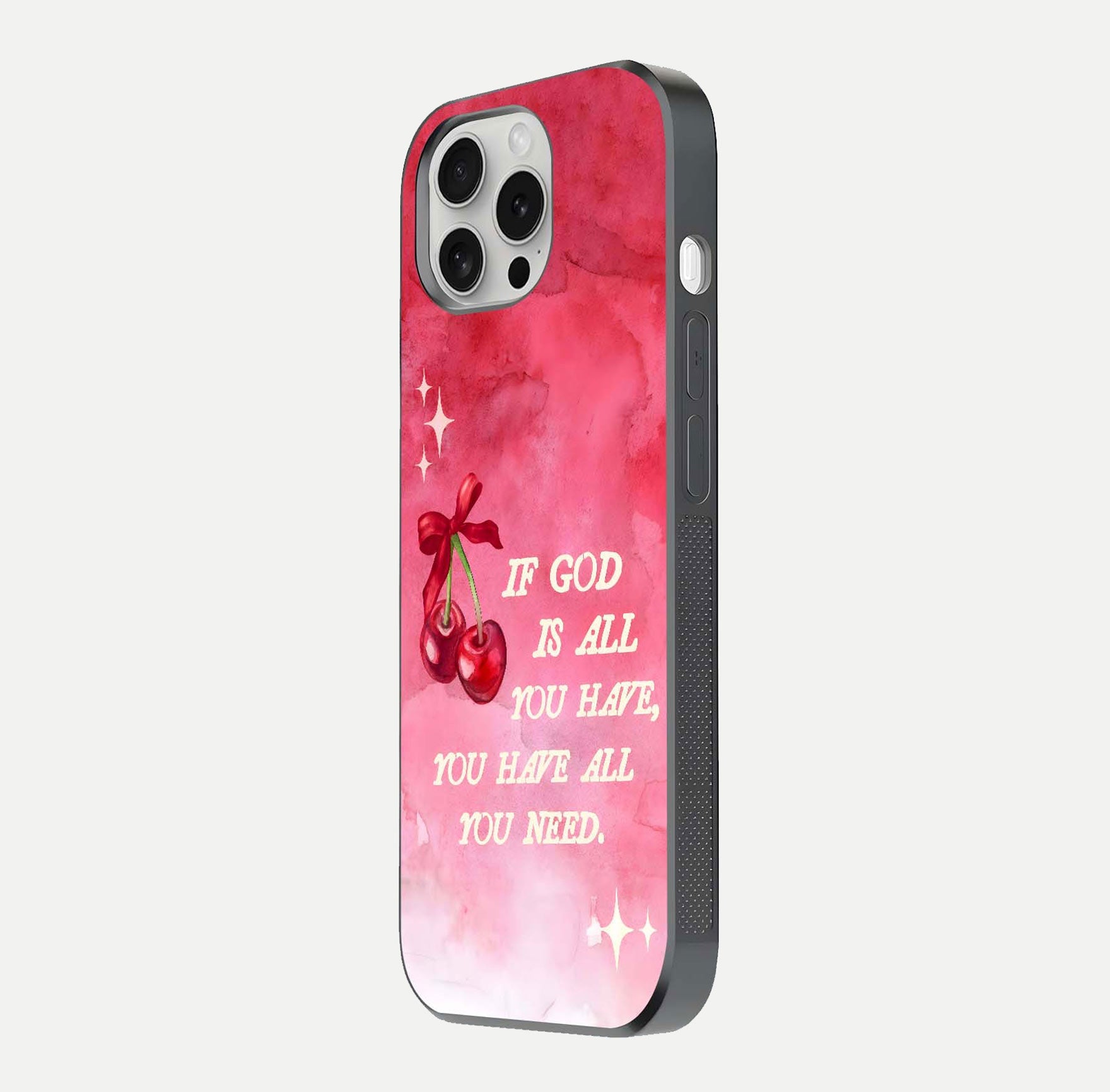 Cherry Quote Glass Case for iPhone 16 Pro side-angle image showing curve glow and glass detail