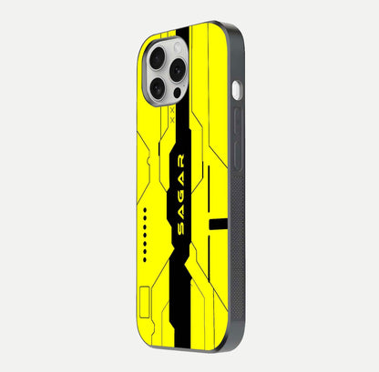 Circuit CYBERPUNK Custom Name Glass Case for iPhone 16 Pro side-angle image showing reflective finish and design precision