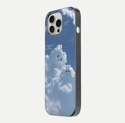 Cloud Bunny Dreams Glass Case for iPhone 16 Pro side-angle image capturing gloss texture and edge glow