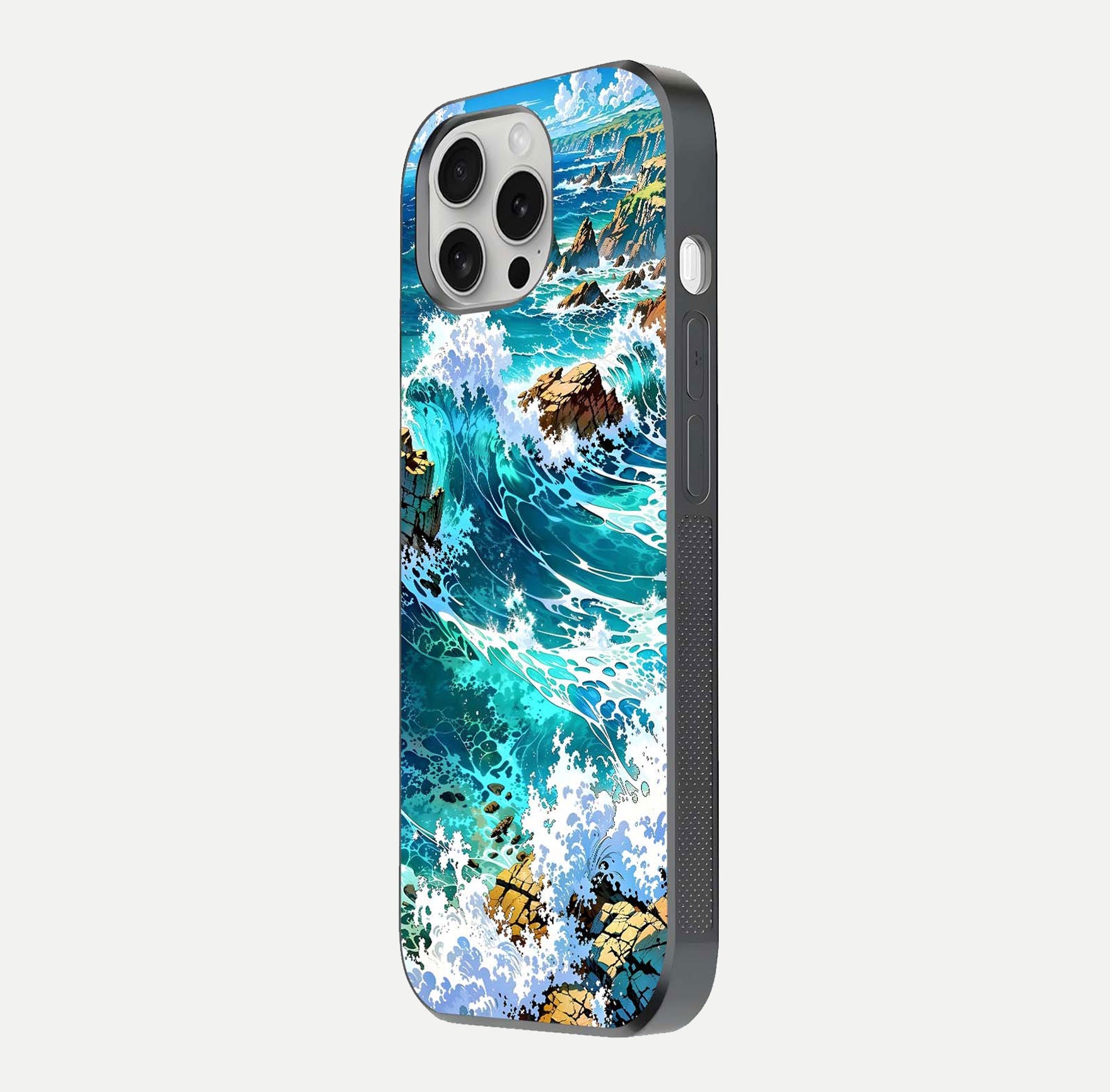 Coastal Blue Waves Glass Case for iPhone 16 Pro side-angle photo showing gloss texture and color depth