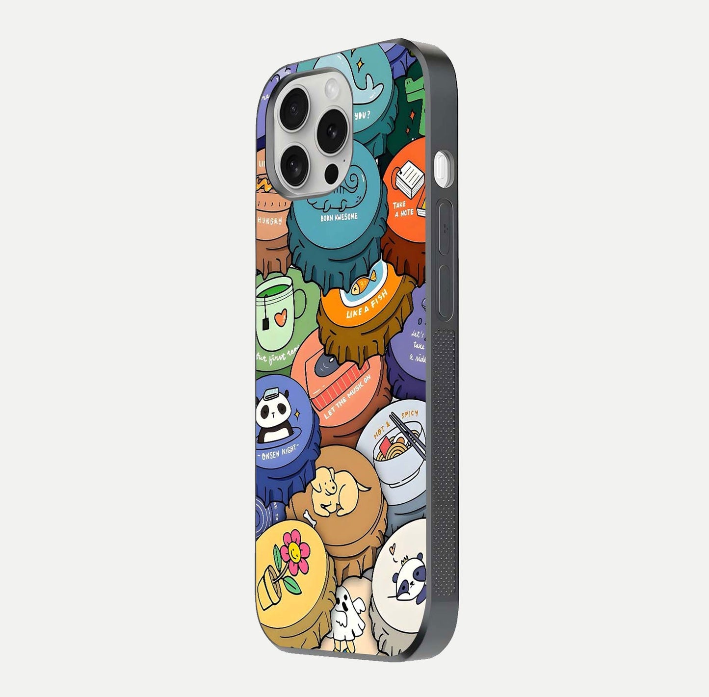 Coins Patterns Glass Case for iPhone 16 Pro side-angle photo capturing shine finish and curve glow