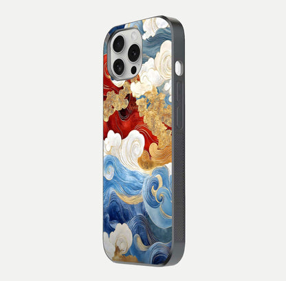 Colored Waves Glass Case for iPhone 16 Pro side-angle image showing light reflection, edge design, and shine