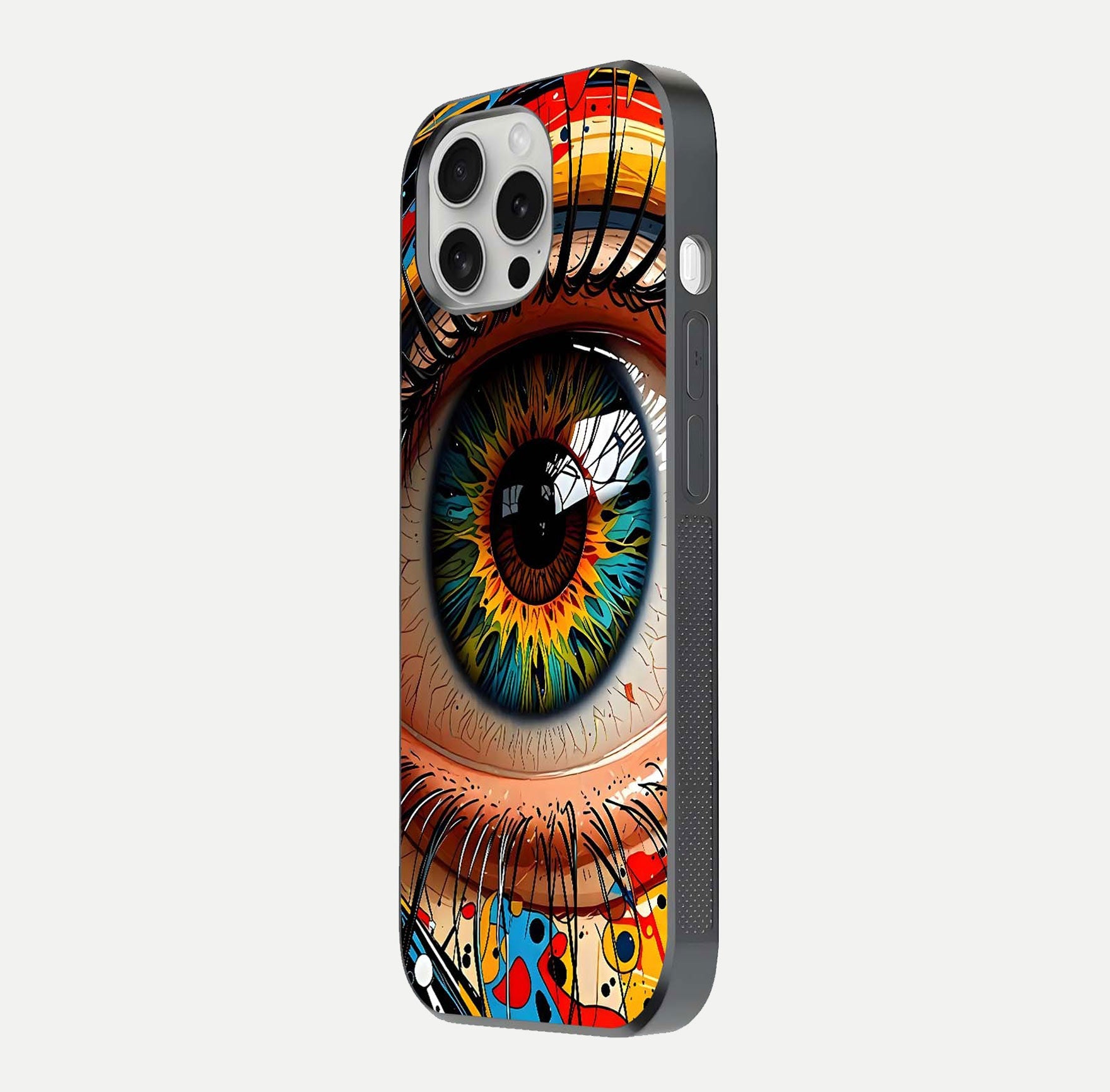 Colorful Eye Glass Case for iPhone 16 Pro side-angle photo showing reflective surface and design detail
