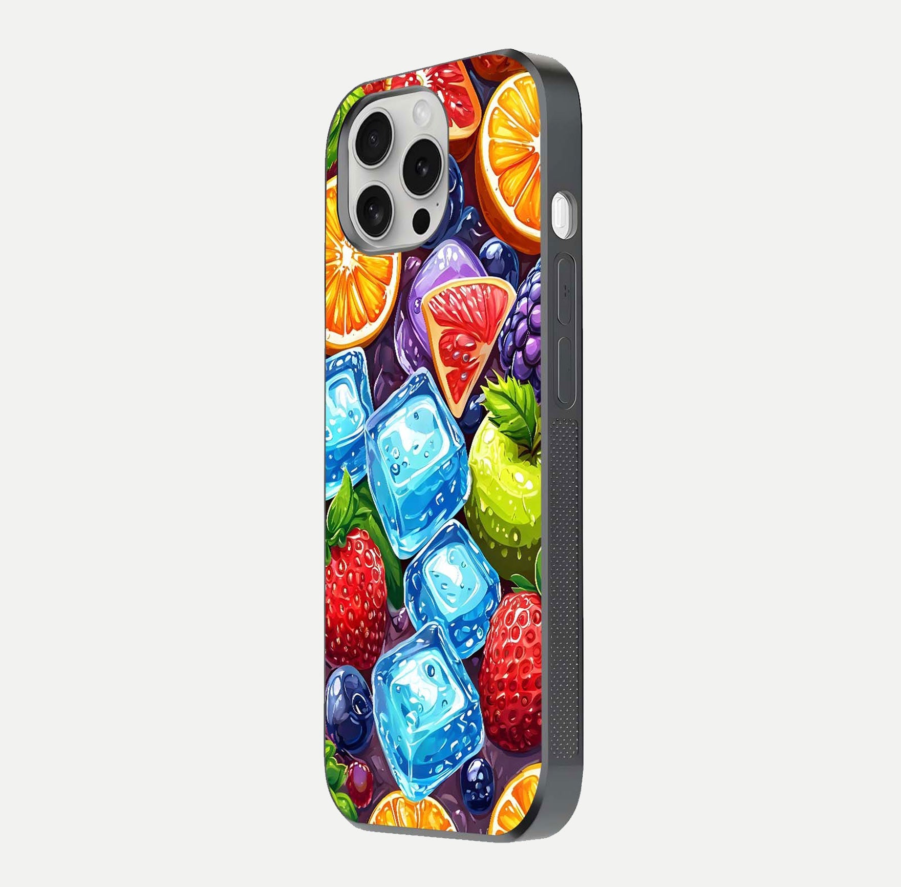 Colorful Fruits with Ice Glass Case for iPhone 16 Pro side-angle photo showing curve gloss and vivid tones