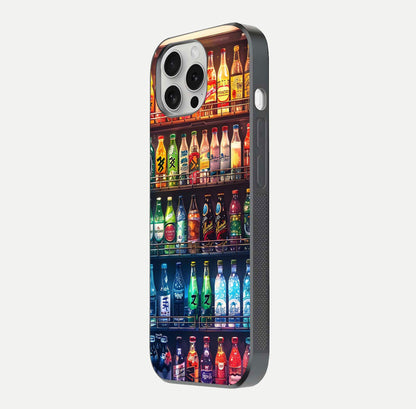 Colorful Soda Bottles Glass Case for iPhone 16 Pro side-angle photo showing polish shine and texture depth