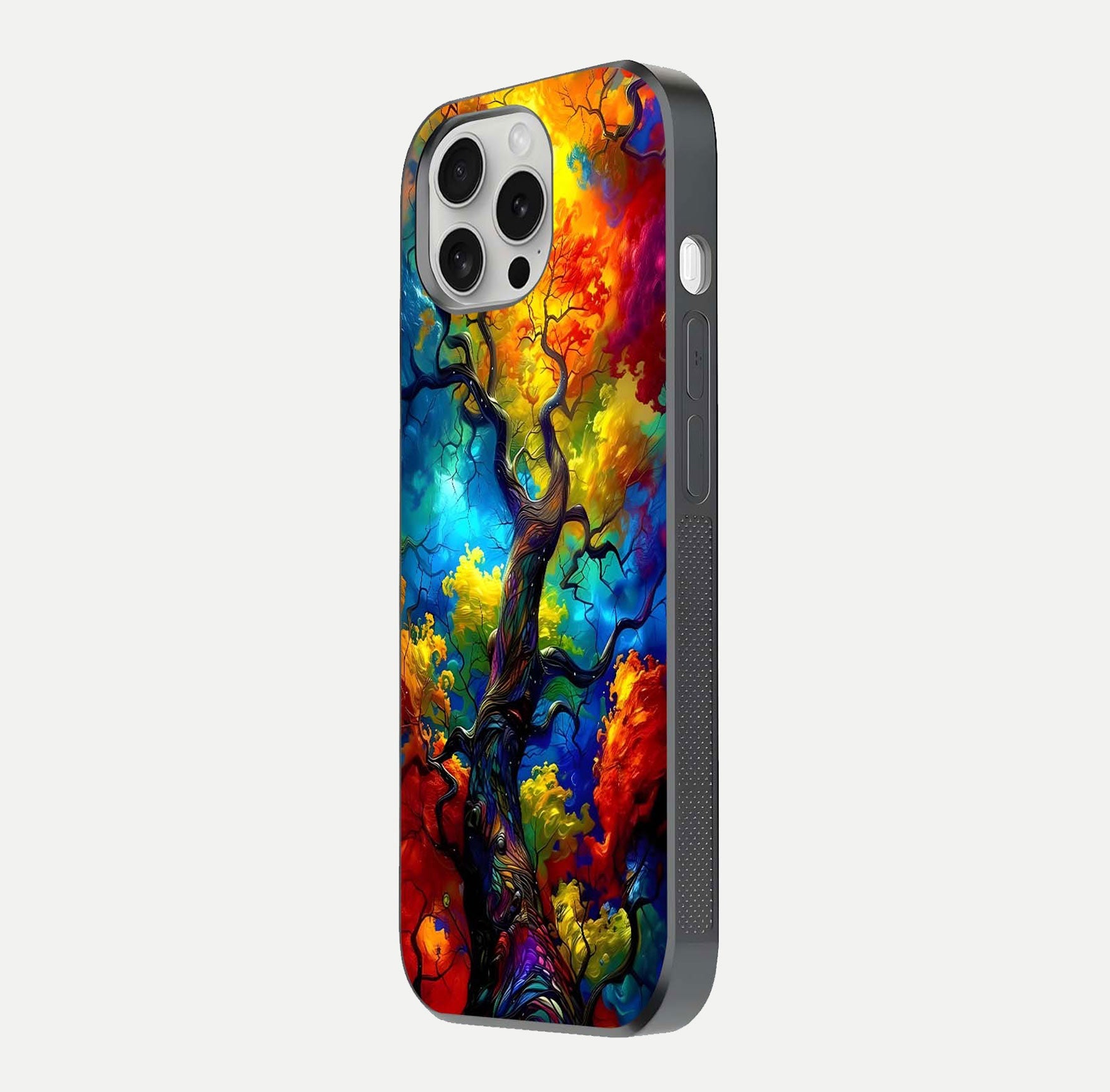 Colorful Tree Glass Case for iPhone 16 Pro side-angle image showing curve reflection and fine print texture