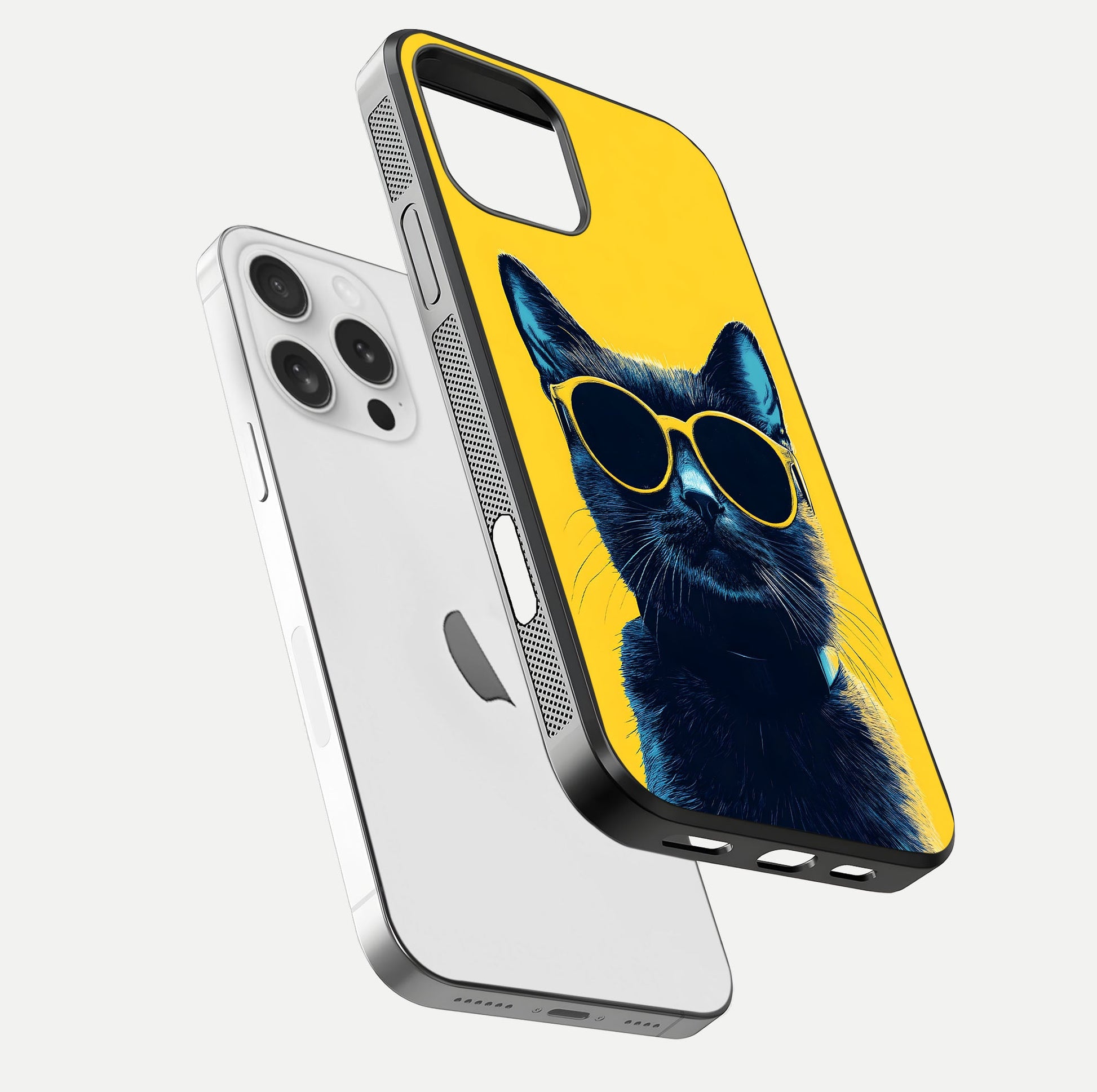 Cool Cat Vibes iPhone 16 Pro glass phone case floating view emphasizing glossy finish and fun cat vibe