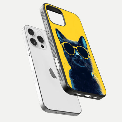 Cool Cat Vibes iPhone 16 Pro glass phone case floating view emphasizing glossy finish and fun cat vibe
