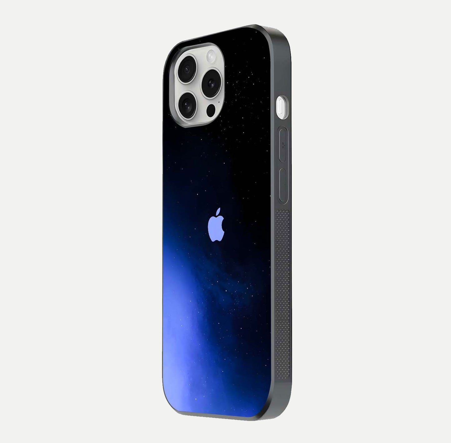 Cosmic Blue Apple Glass Case for iPhone 16 Pro side-angle image showing curve polish and star detail